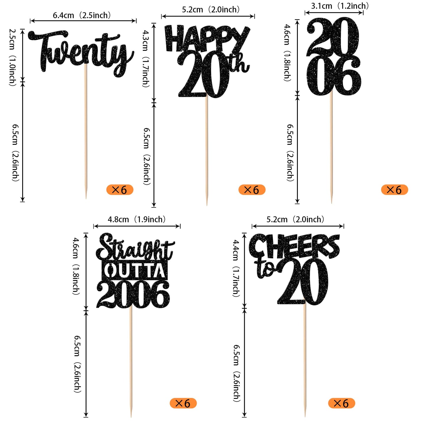 ZHUOWEISM 30pc Black Glitter Cupcake Toppers – Straight Outta 2006, 20th Birthday Party Decor