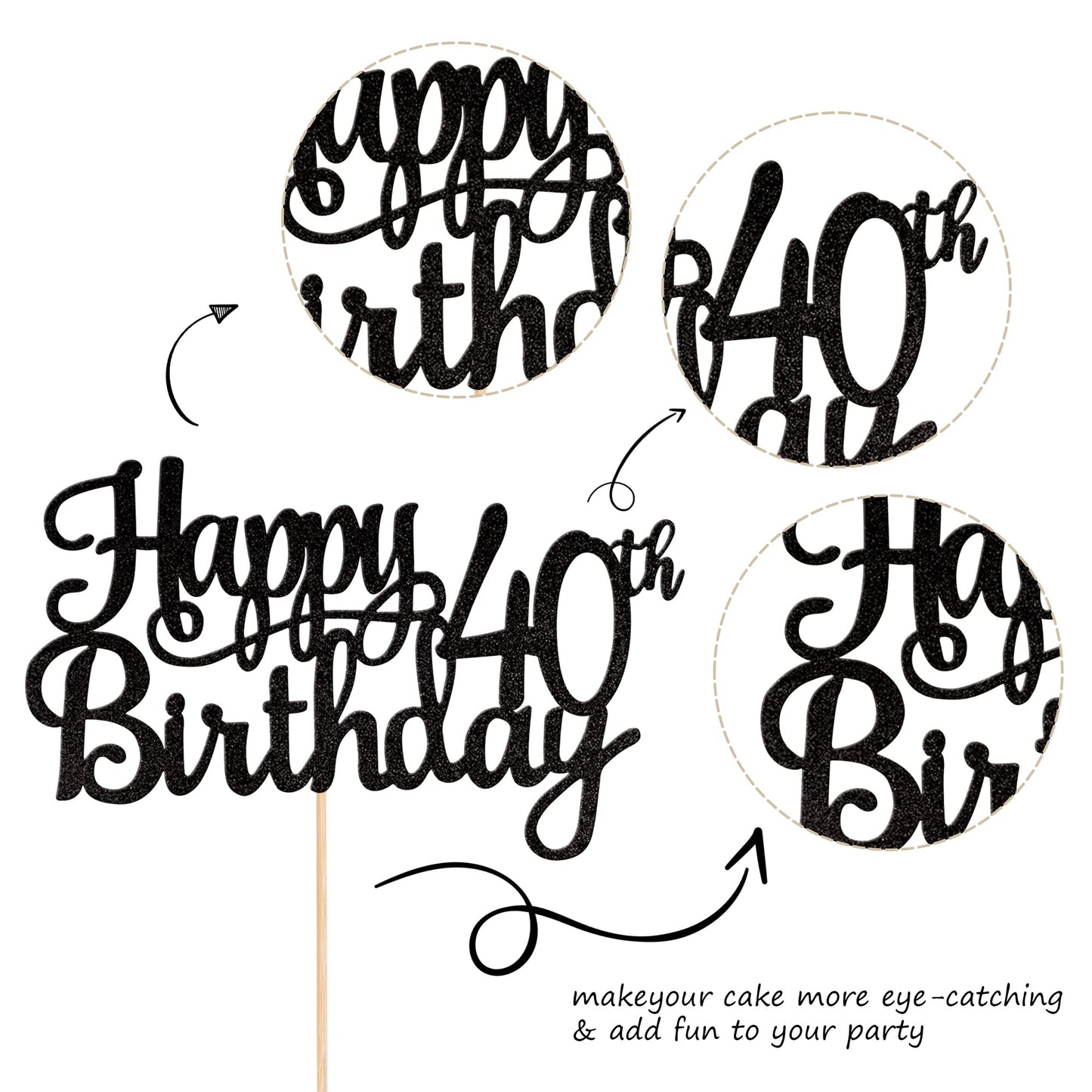 ZHUOWEISM 1pc Happy 40th Birthday Glitter Cake Topper – Cheers to 40 Years (Black)