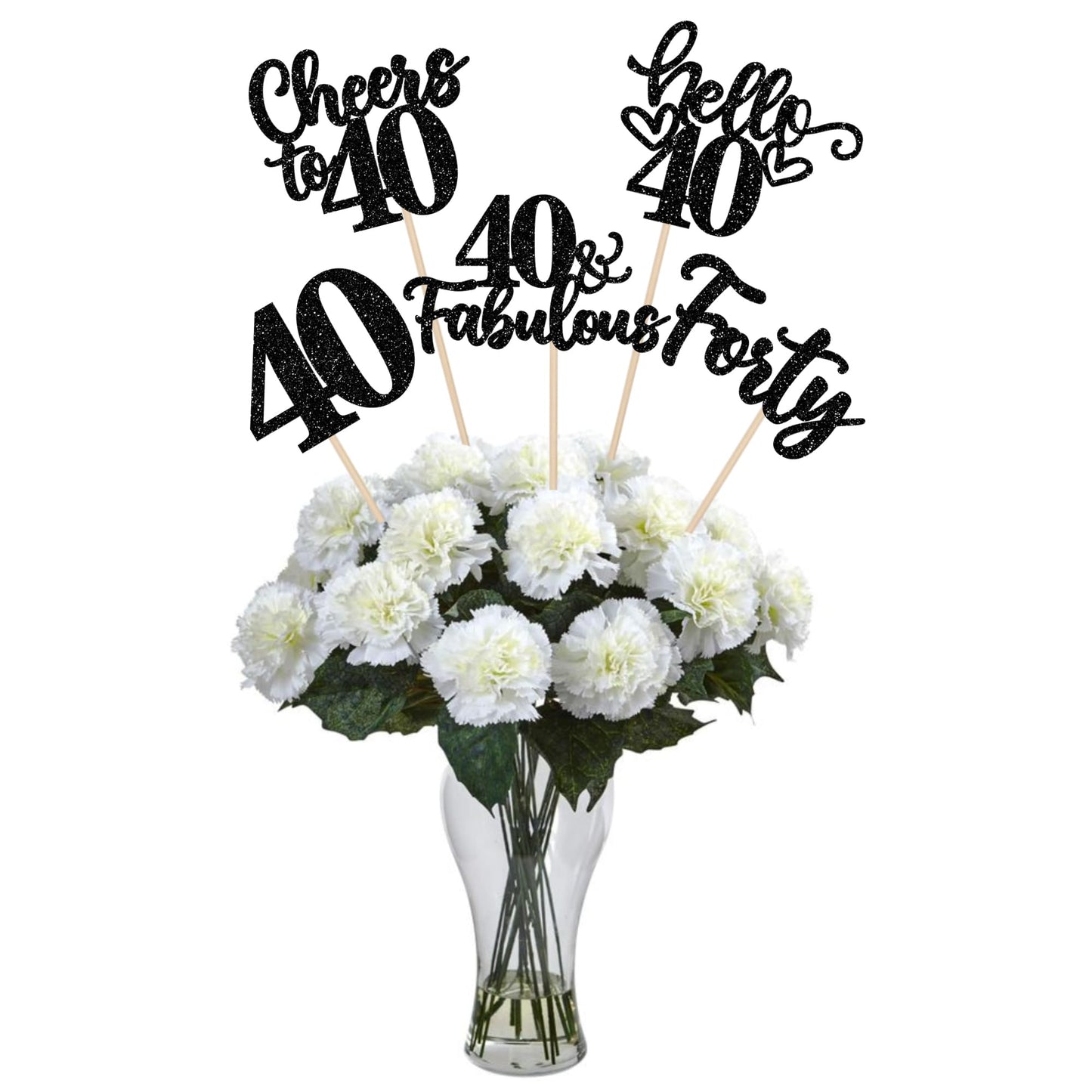 ZHUOWEISM 15Pcs Happy 40th Birthday Centerpiece Sticks – Hello 40, Cheers to 40 Floral Decor (Black Glitter)