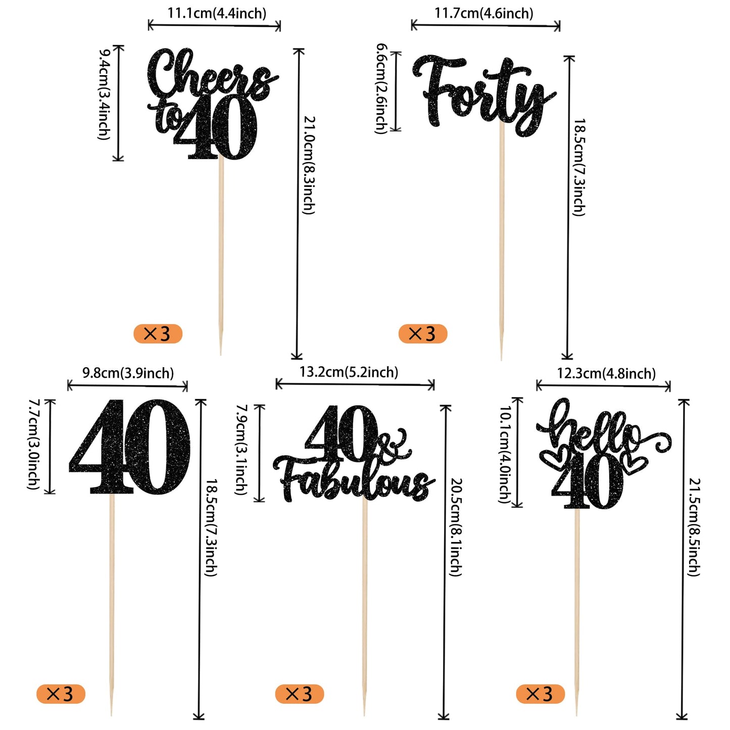 ZHUOWEISM 15Pcs Happy 40th Birthday Centerpiece Sticks – Hello 40, Cheers to 40 Floral Decor (Black Glitter)