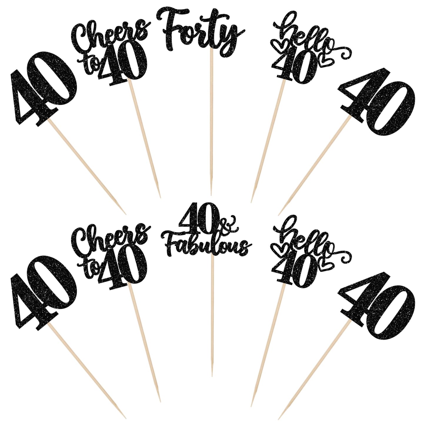 ZHUOWEISM 15Pcs Happy 40th Birthday Centerpiece Sticks – Hello 40, Cheers to 40 Floral Decor (Black Glitter)