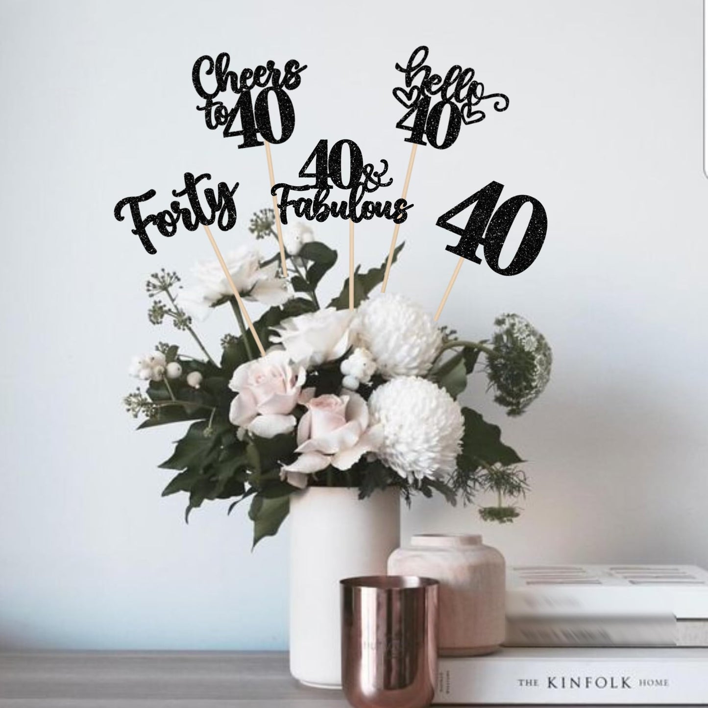 ZHUOWEISM 15Pcs Happy 40th Birthday Centerpiece Sticks – Hello 40, Cheers to 40 Floral Decor (Black Glitter)
