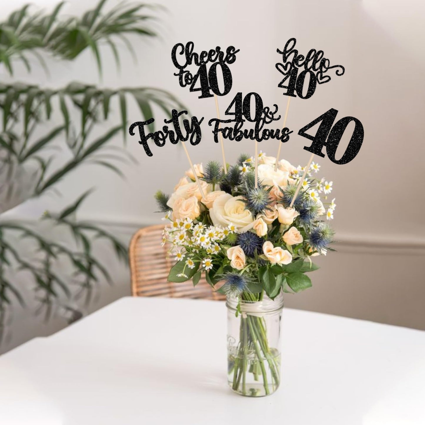 ZHUOWEISM 15Pcs Happy 40th Birthday Centerpiece Sticks – Hello 40, Cheers to 40 Floral Decor (Black Glitter)