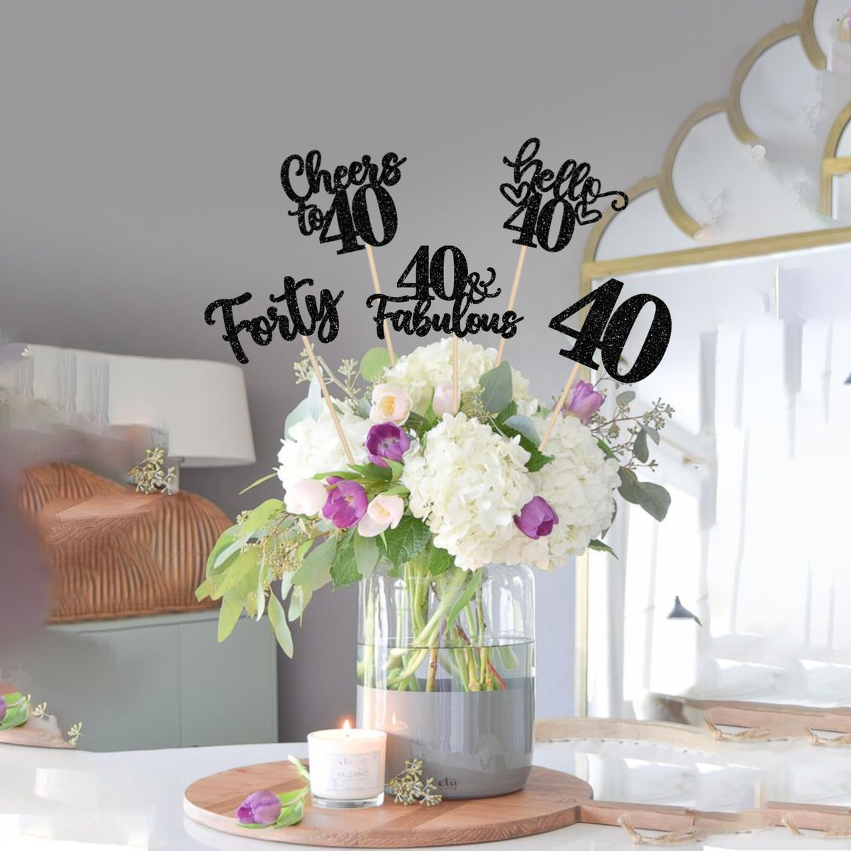 ZHUOWEISM 15Pcs Happy 40th Birthday Centerpiece Sticks – Hello 40, Cheers to 40 Floral Decor (Black Glitter)