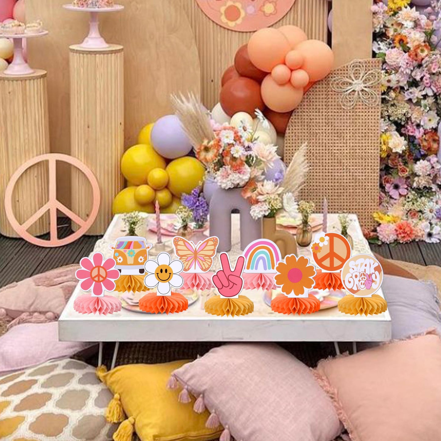 ZHUOWEISM 9-Piece Hippie Honeycomb Centerpieces - Hand Sign Butterfly Daisy 60s Boho Party Decor