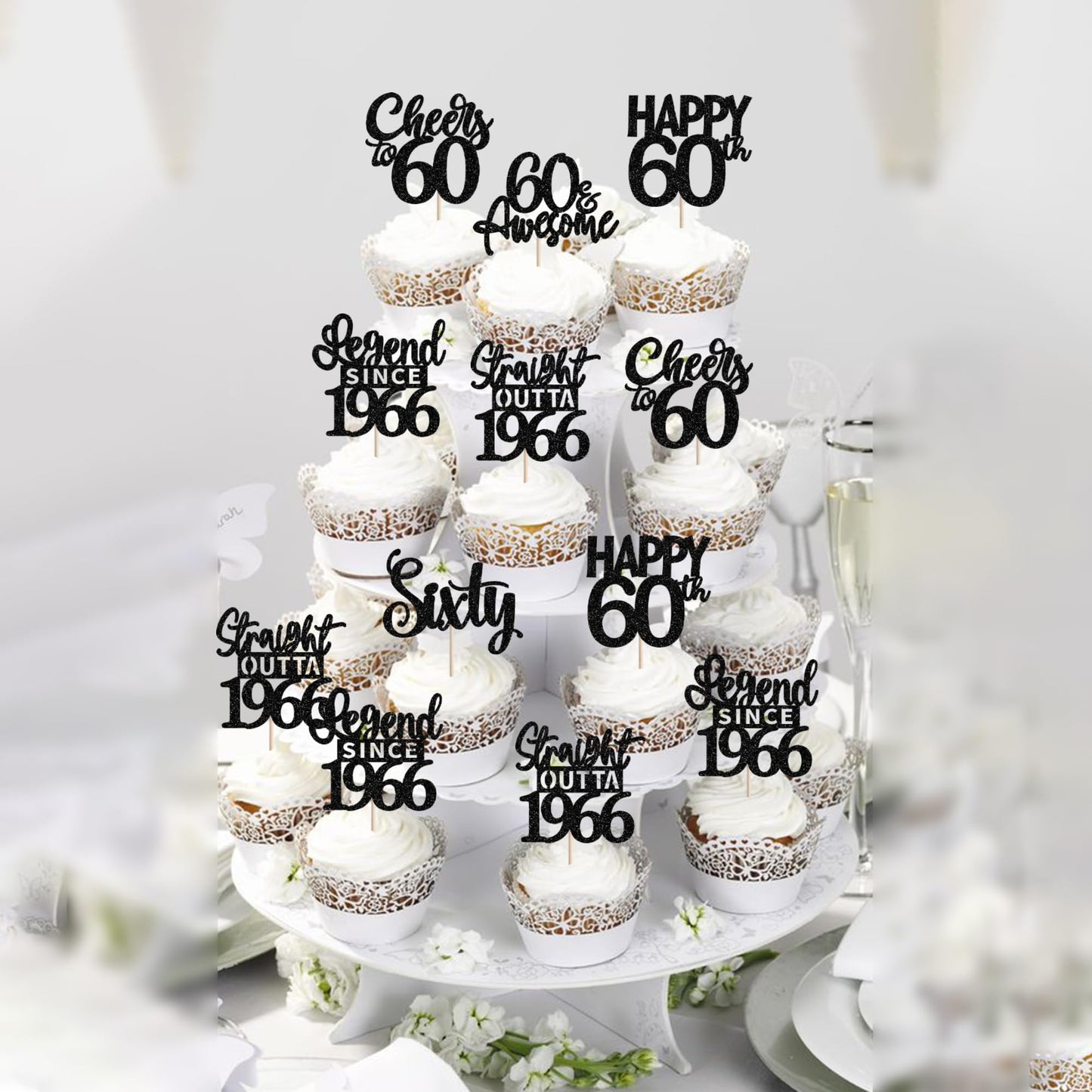 ZHUOWEISM 24Pcs Black 60th Birthday Cupcake Toppers - Straight Outta 1966