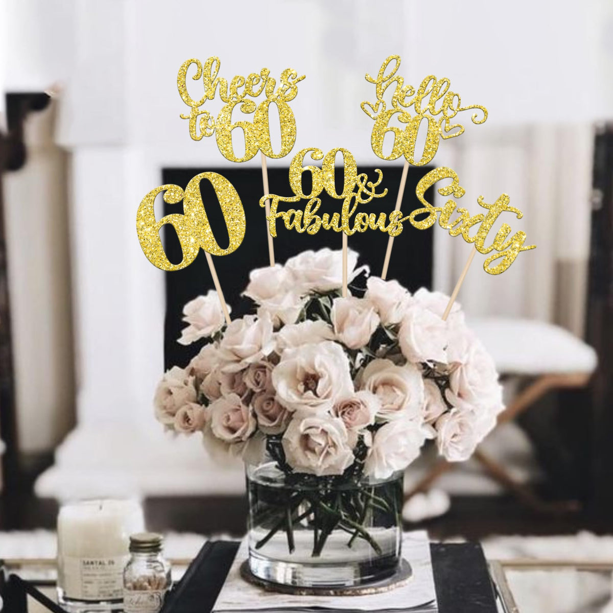ZHUOWEISM 15Pcs Happy 60th Birthday Centerpiece Sticks – Gold Glitter Floral Decor