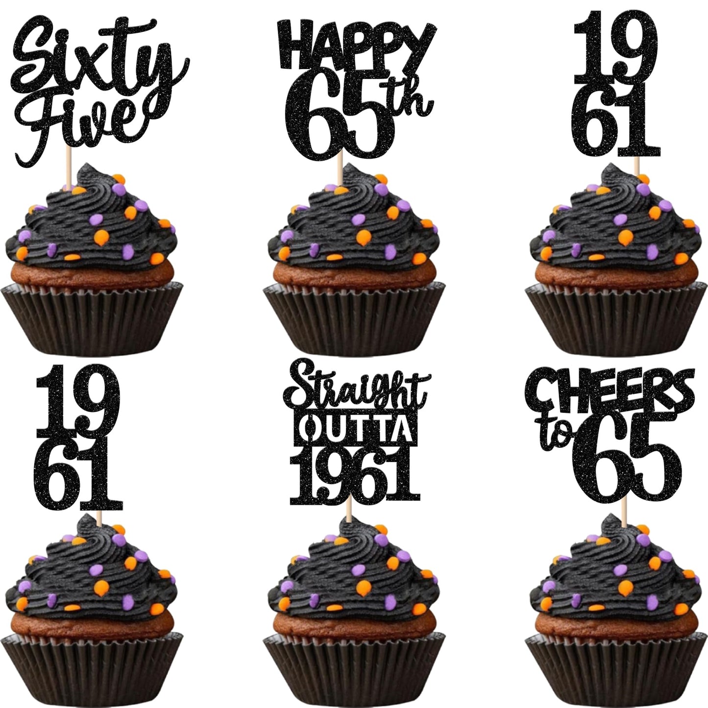 ZHUOWEISM 30PCS Black Glitter 65th Birthday Cupcake Toppers | Straight Outta 1961