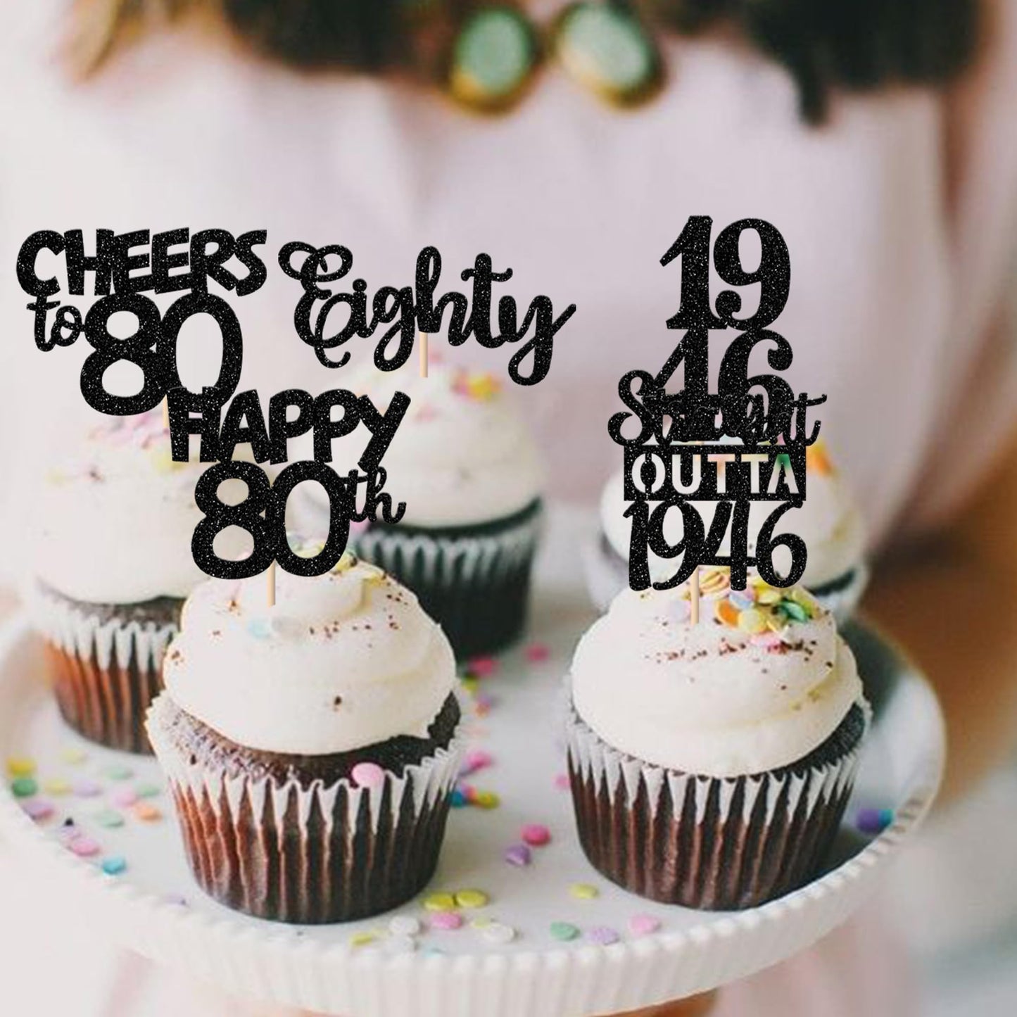 ZHUOWEISM 30Pcs Black Glitter 80th Birthday Cupcake Toppers — Straight Outta 1946 Party Picks