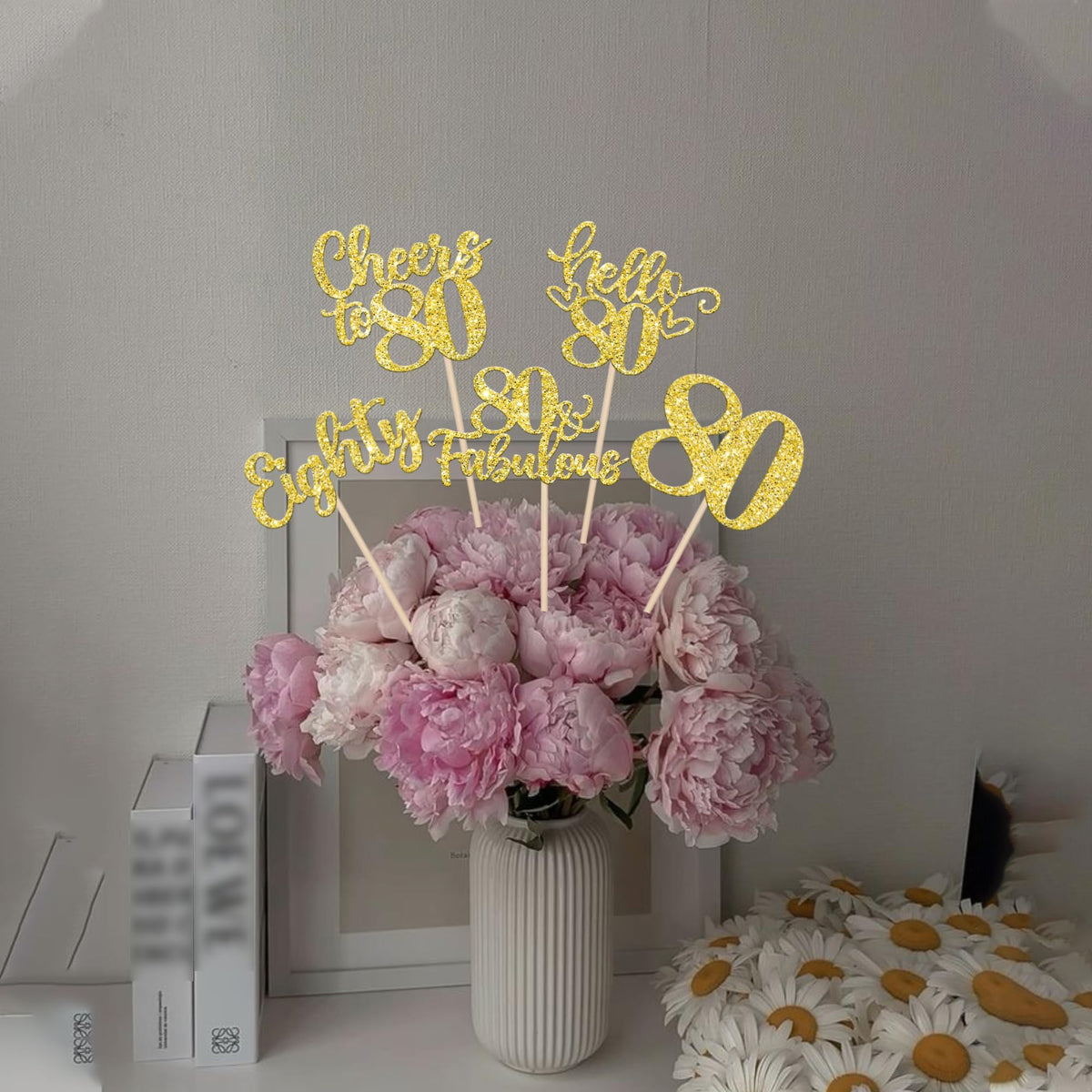 ZHUOWEISM 15Pcs Happy 80th Birthday Centerpiece Sticks – Gold Glitter Hello 80 Fabulous Theme