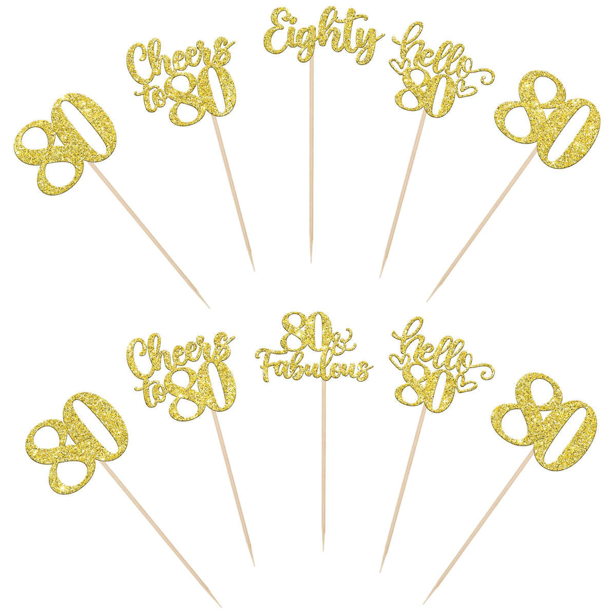ZHUOWEISM 15Pcs Happy 80th Birthday Centerpiece Sticks – Gold Glitter Hello 80 Fabulous Theme
