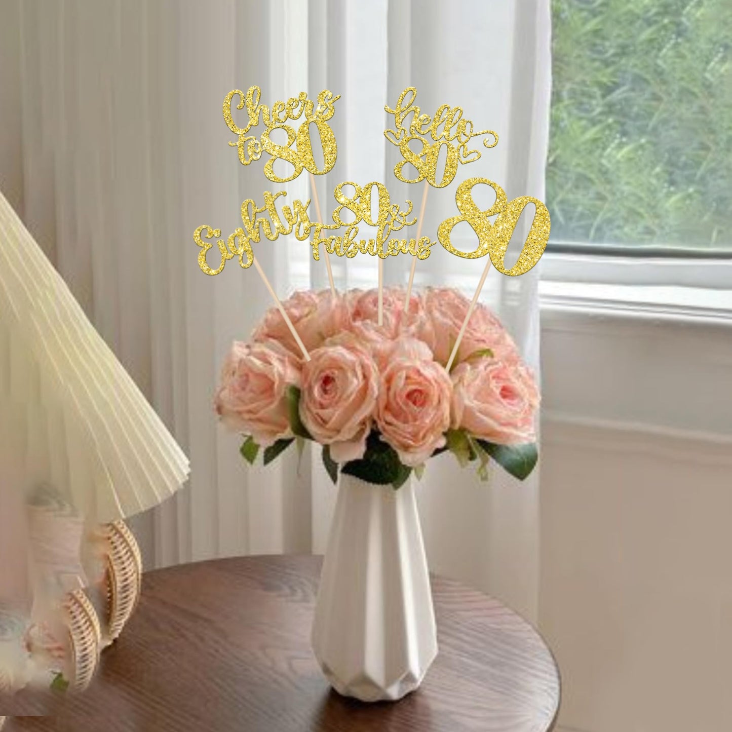 ZHUOWEISM 15Pcs Happy 80th Birthday Centerpiece Sticks – Gold Glitter Hello 80 Fabulous Theme