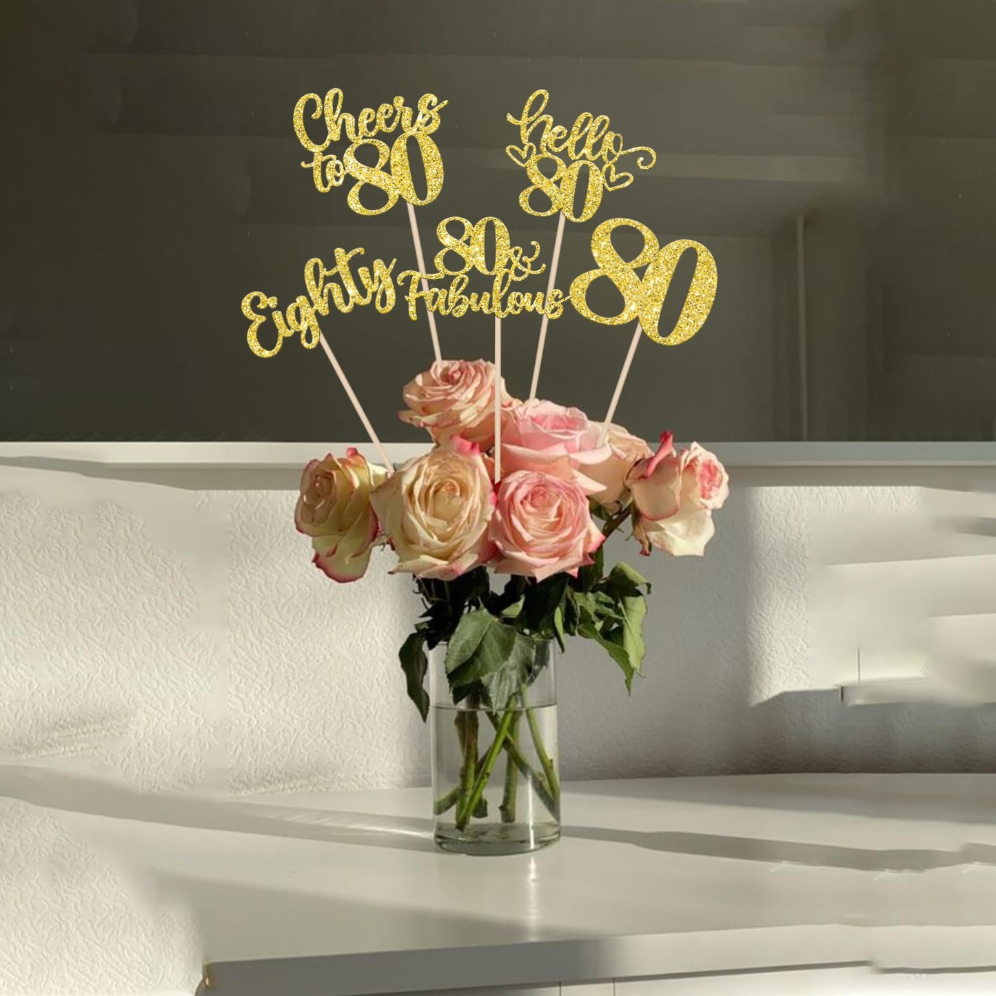 ZHUOWEISM 15Pcs Happy 80th Birthday Centerpiece Sticks – Gold Glitter Hello 80 Fabulous Theme