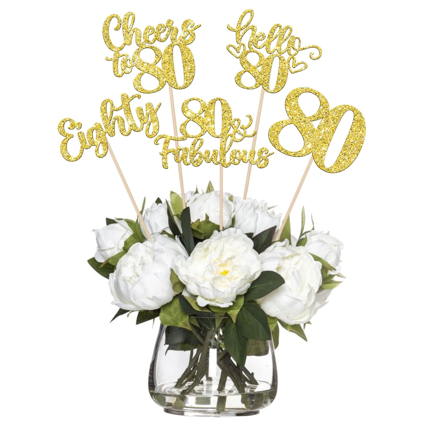 ZHUOWEISM 15Pcs Happy 80th Birthday Centerpiece Sticks – Gold Glitter Hello 80 Fabulous Theme