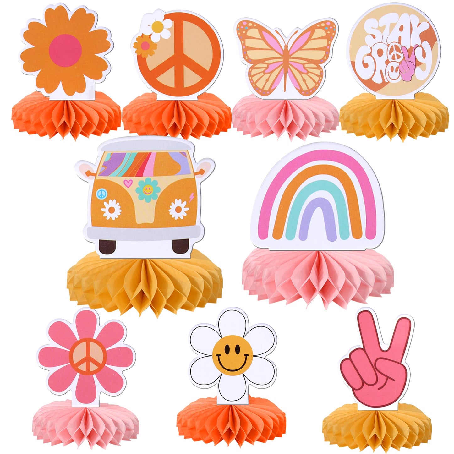 ZHUOWEISM 9-Piece Hippie Honeycomb Centerpieces - Hand Sign Butterfly Daisy 60s Boho Party Decor