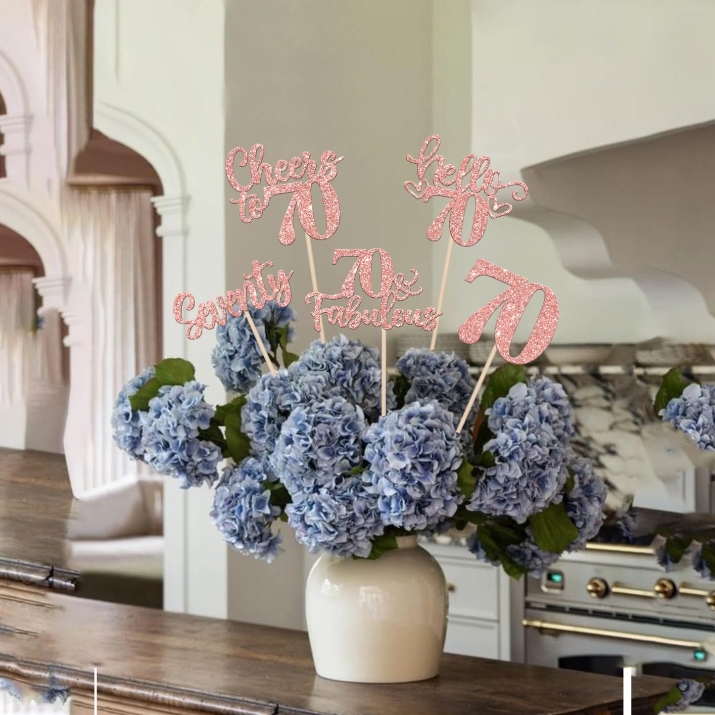 ZHUOWEISM 15-Pack Happy 70th Birthday Centerpiece Sticks – Rose Gold Glitter, 70th Birthday Table Decor