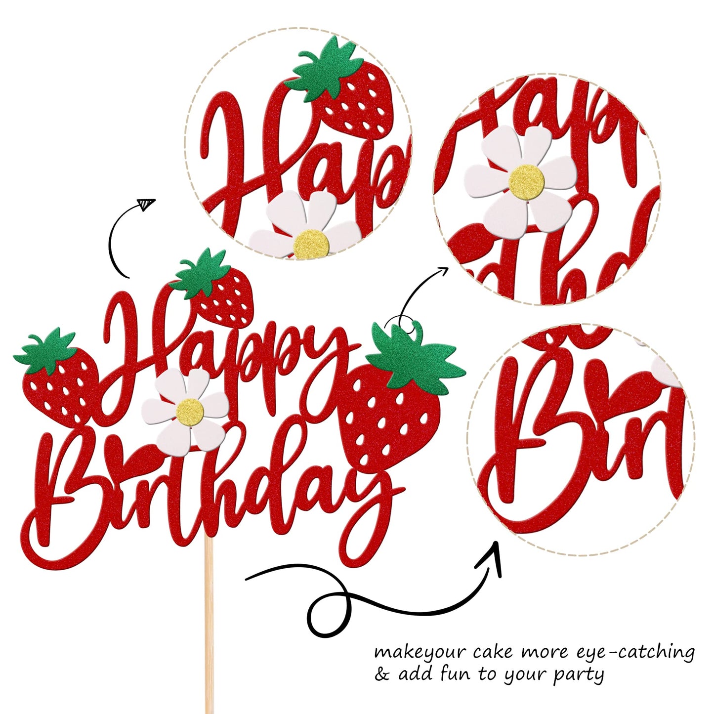 ZHUOWEISM Strawberry Happy Birthday Cake Topper – Glitter Flower, Fruit Theme Decoration