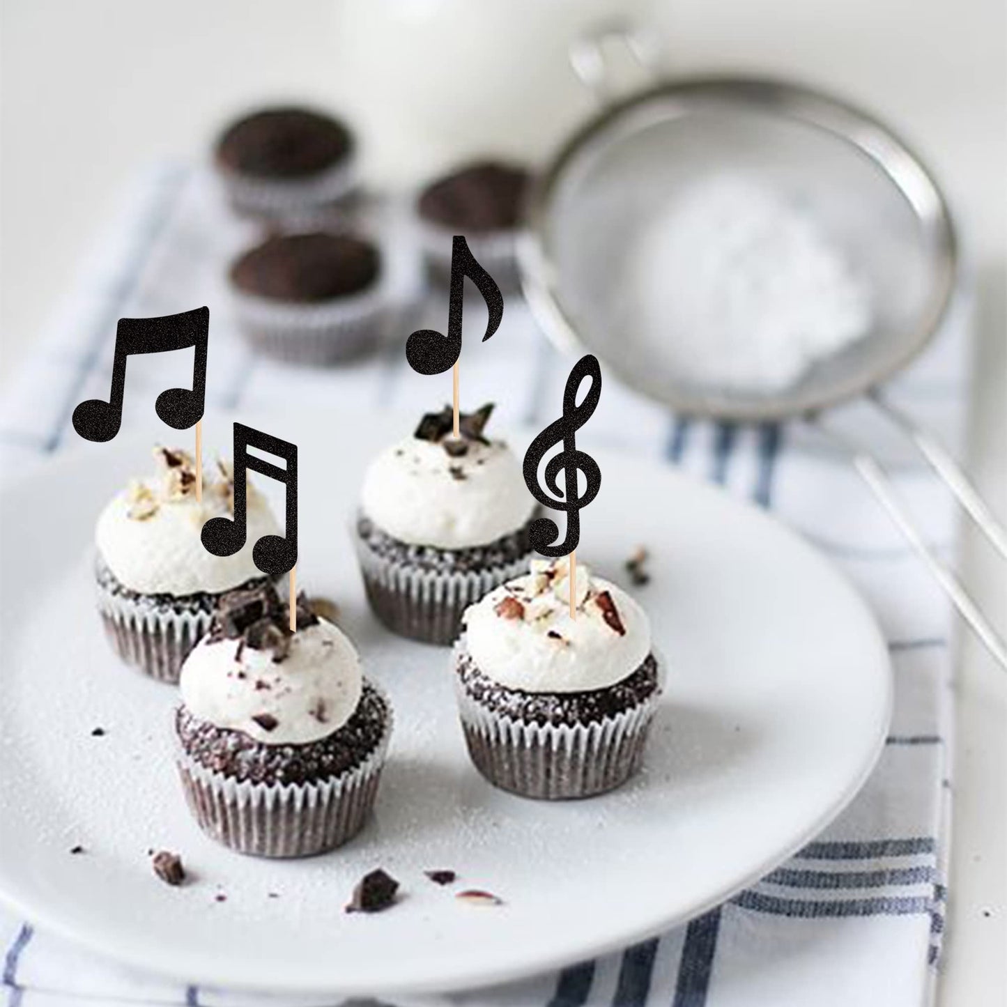 ZHUOWEISM 24-Pack Music Notes Cupcake Toppers – Black Glitter Party Picks