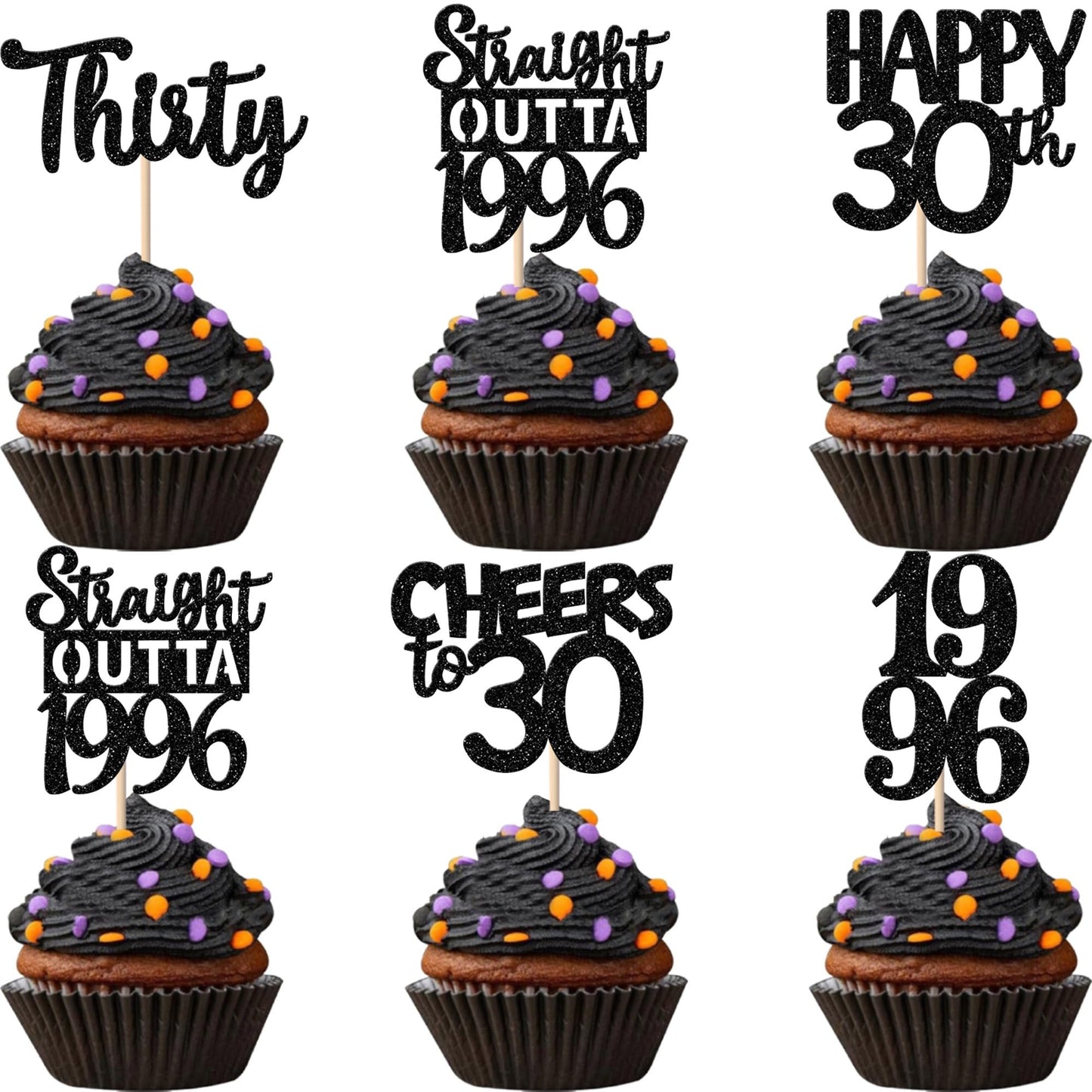 ZHUOWEISM 30Pcs Black Glitter Cupcake Toppers – Straight Outta 1996, 30th Birthday & Anniversary Decor
