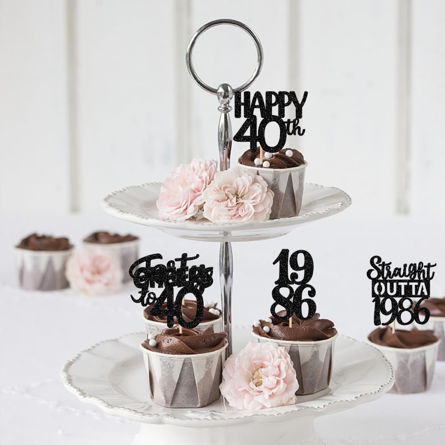 ZHUOWEISM 30pcs Black Glitter Cupcake Toppers - Straight Outta 1986 for 40th Birthday & Anniversary