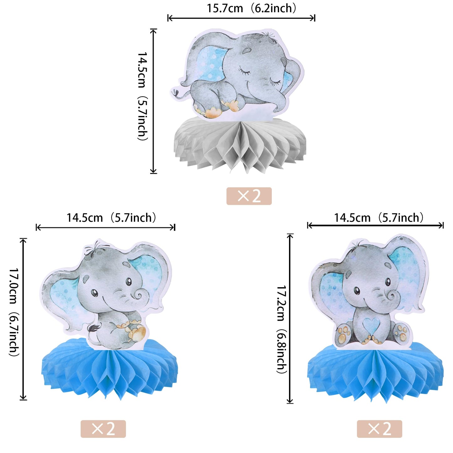 ZHUOWEISM 6-Pack Blue Elephant Honeycomb Centerpieces | It's a Boy Elephant Theme Baby Shower & Kids Party Decor