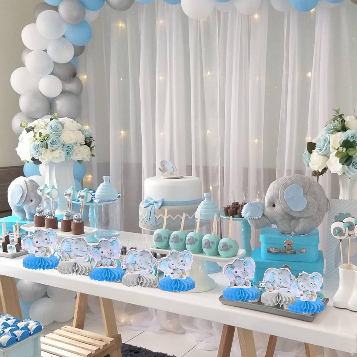 ZHUOWEISM 6-Pack Blue Elephant Honeycomb Centerpieces | It's a Boy Elephant Theme Baby Shower & Kids Party Decor
