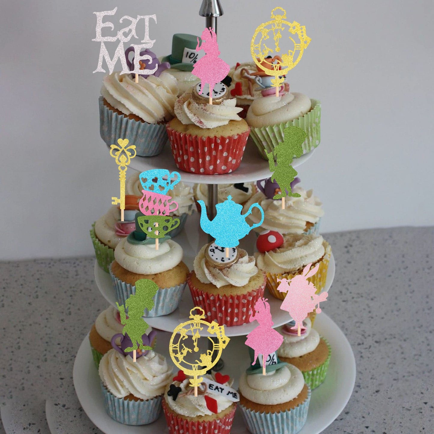 ZHUOWEISM 24 PCS Magic Alice Cupcake Toppers – Glitter, Eat Me, Clock, Fairy Party Picks