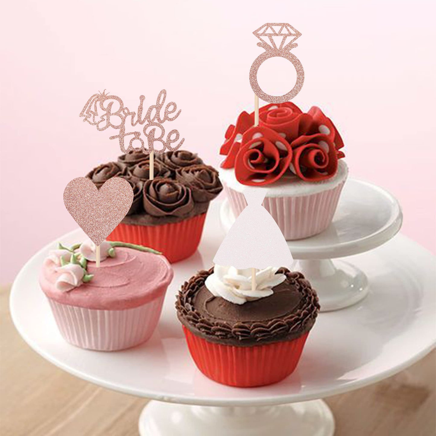 ZHUOWEISM 24 Pcs Bride to Be Cupcake Toppers – Heart, Ring & Dress Bridal Shower Cake Decorations