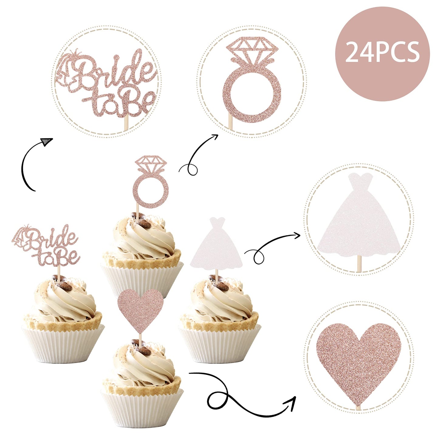 ZHUOWEISM 24 Pcs Bride to Be Cupcake Toppers – Heart, Ring & Dress Bridal Shower Cake Decorations