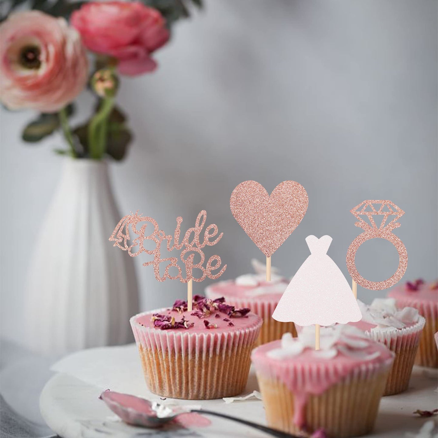 ZHUOWEISM 24 Pcs Bride to Be Cupcake Toppers – Heart, Ring & Dress Bridal Shower Cake Decorations