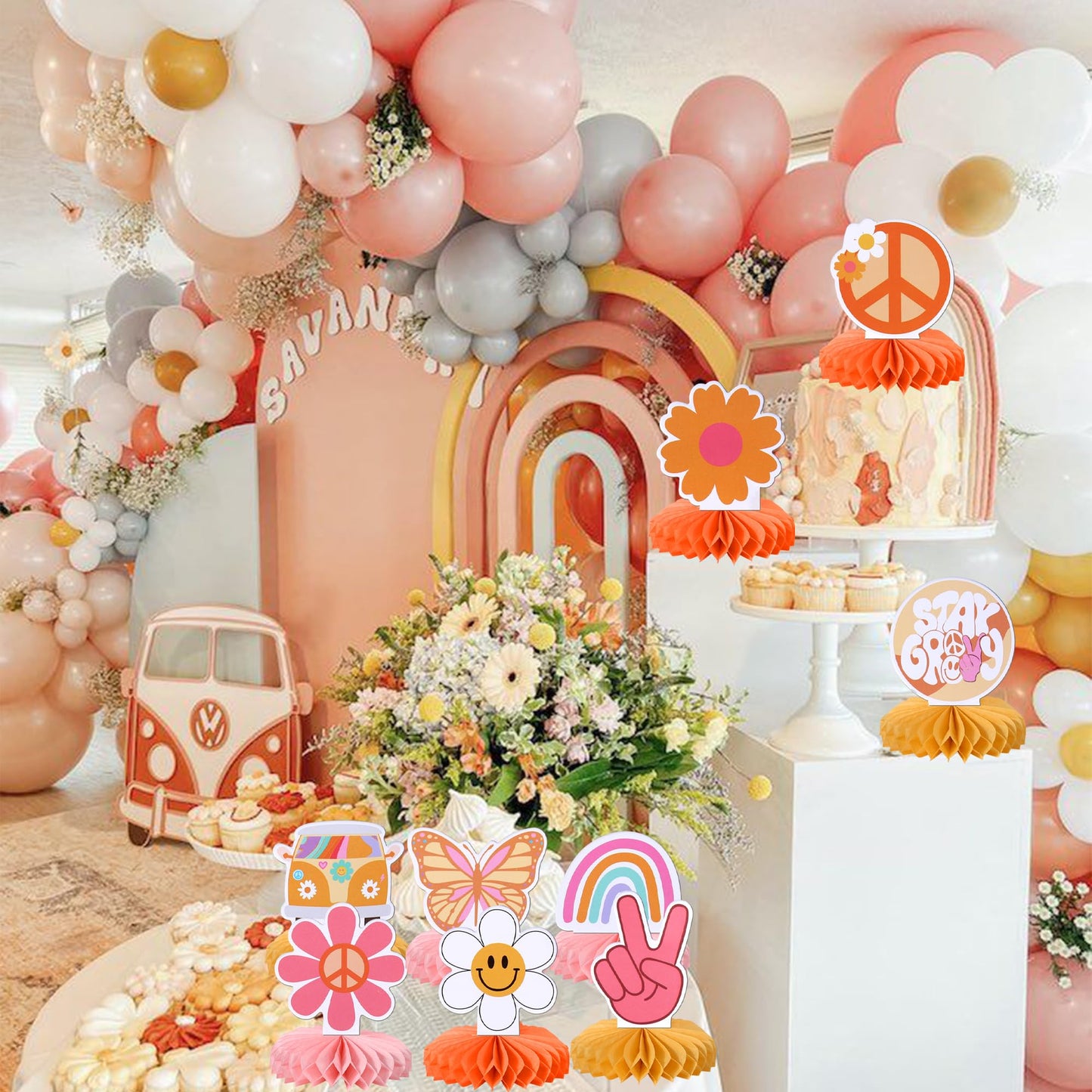 ZHUOWEISM 9-Piece Hippie Honeycomb Centerpieces - Hand Sign Butterfly Daisy 60s Boho Party Decor