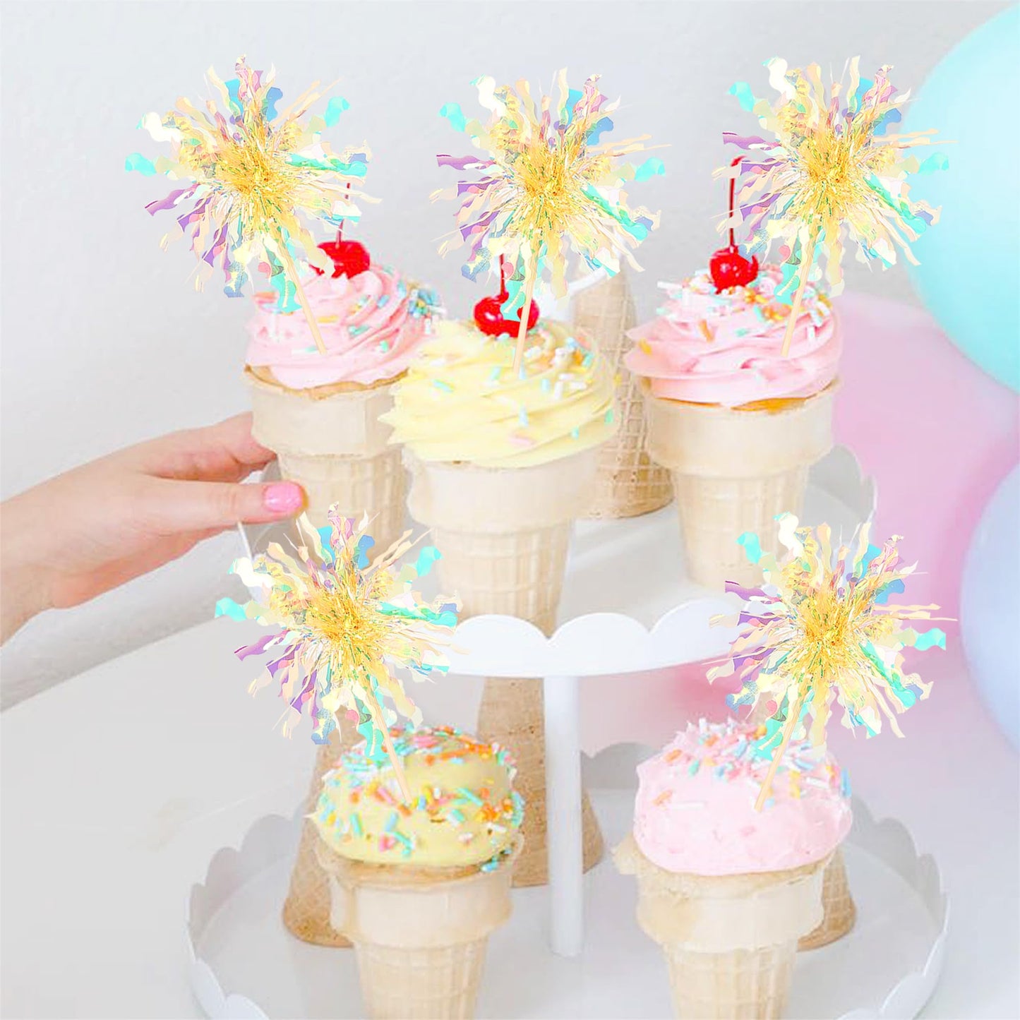 ZHUOWEISM 30 Pcs Foil Firework Cupcake Toppers – Sparkle Tinsel Picks for Birthday, Baby Shower, Graduation, Wedding