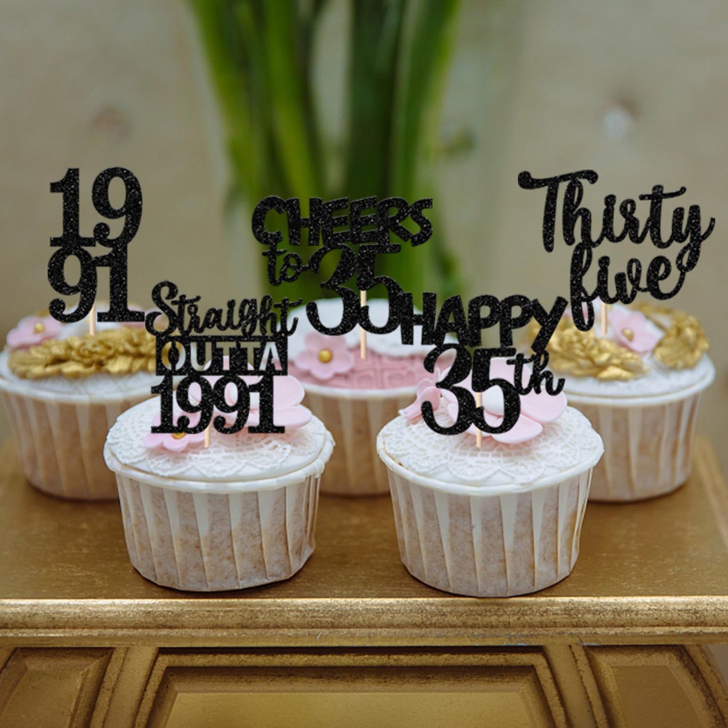 ZHUOWEISM 30Pcs Black Glitter Cupcake Toppers | Straight Outta 1991 35th Birthday Party Decorations