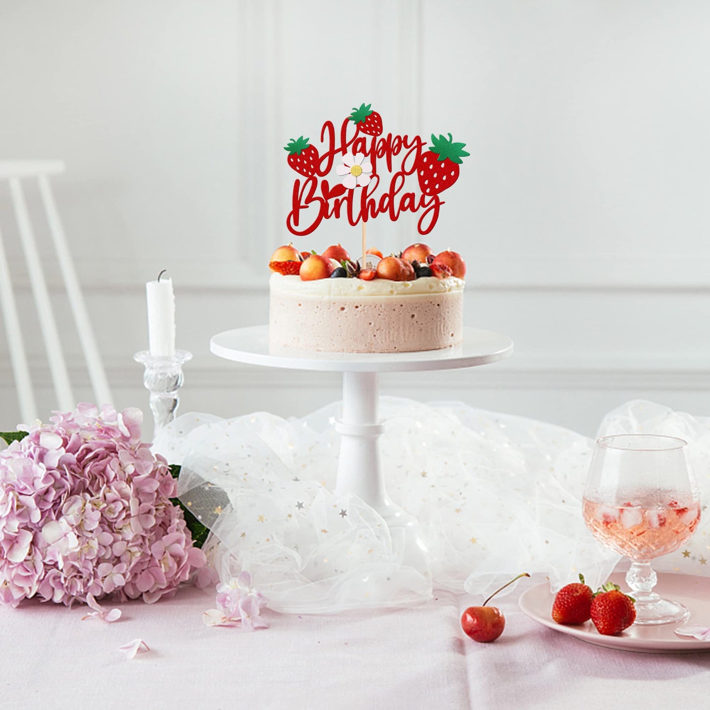 ZHUOWEISM Strawberry Happy Birthday Cake Topper – Glitter Flower, Fruit Theme Decoration