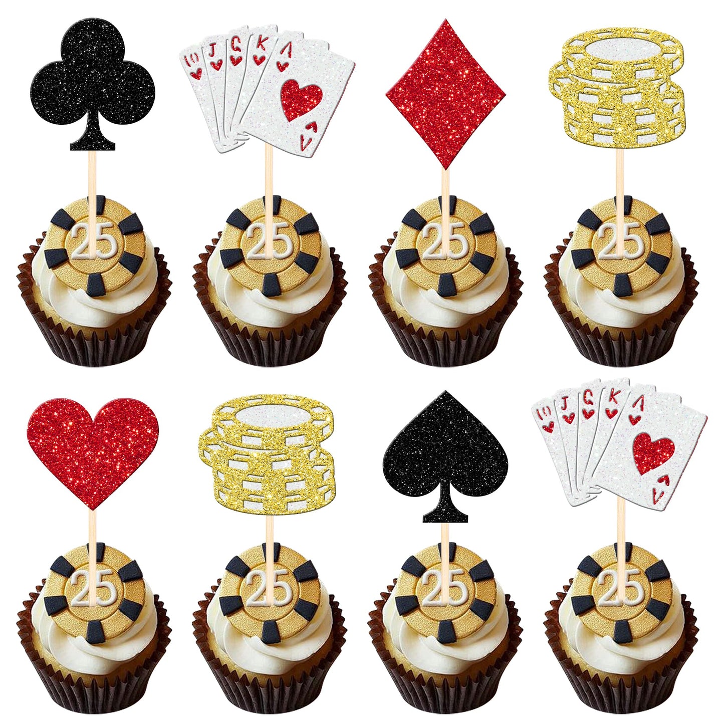 ZHUOWEISM 24 Pcs Casino Poker Theme Cupcake Toppers Glitter Chips – Las Vegas Party Decorations