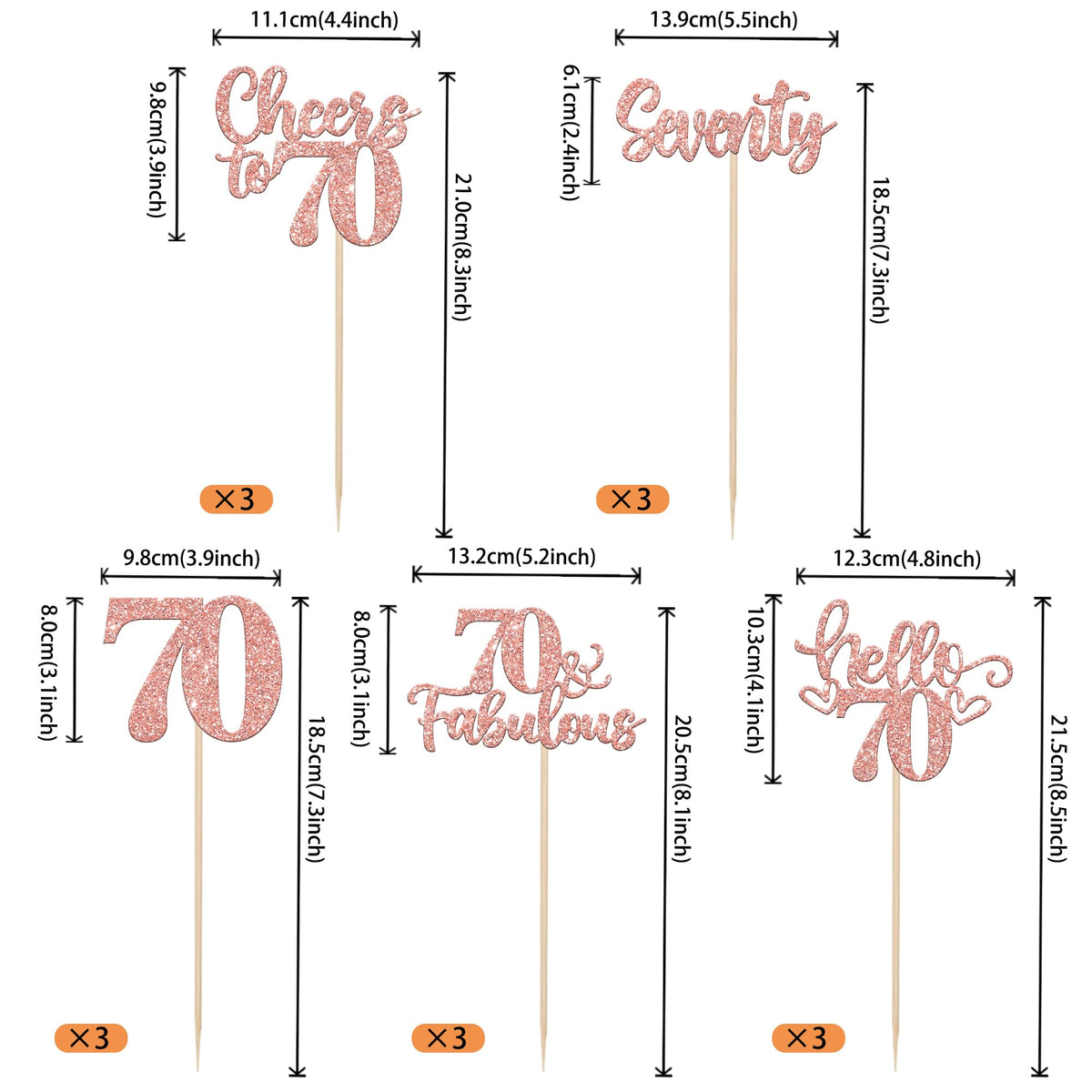ZHUOWEISM 15-Pack Happy 70th Birthday Centerpiece Sticks – Rose Gold Glitter, 70th Birthday Table Decor