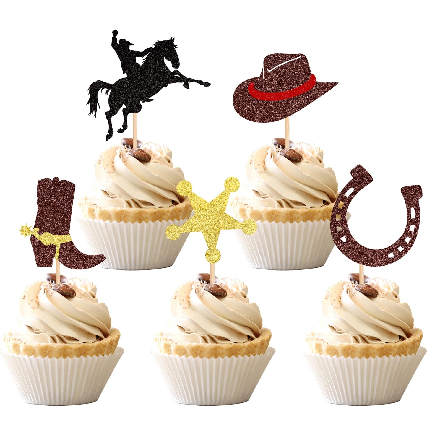 ZHUOWEISM 30 Pcs Glitter Cowboy Cupcake Toppers – Horseshoe, Cowboy Hats & Boots for Western Theme Parties