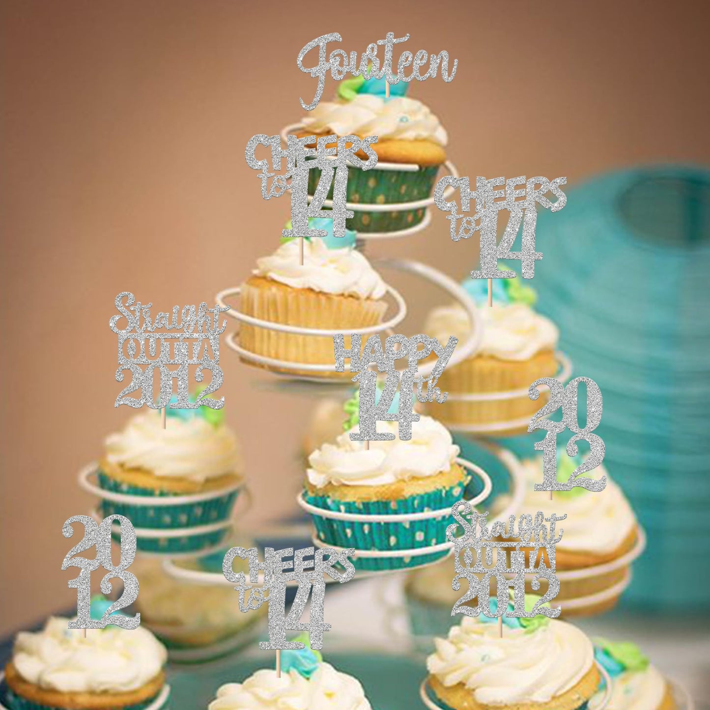 ZHUOWEISM 30Pcs Glitter 14th Birthday Cupcake Toppers – Straight Outta 2012 Theme, Silver Party Decor