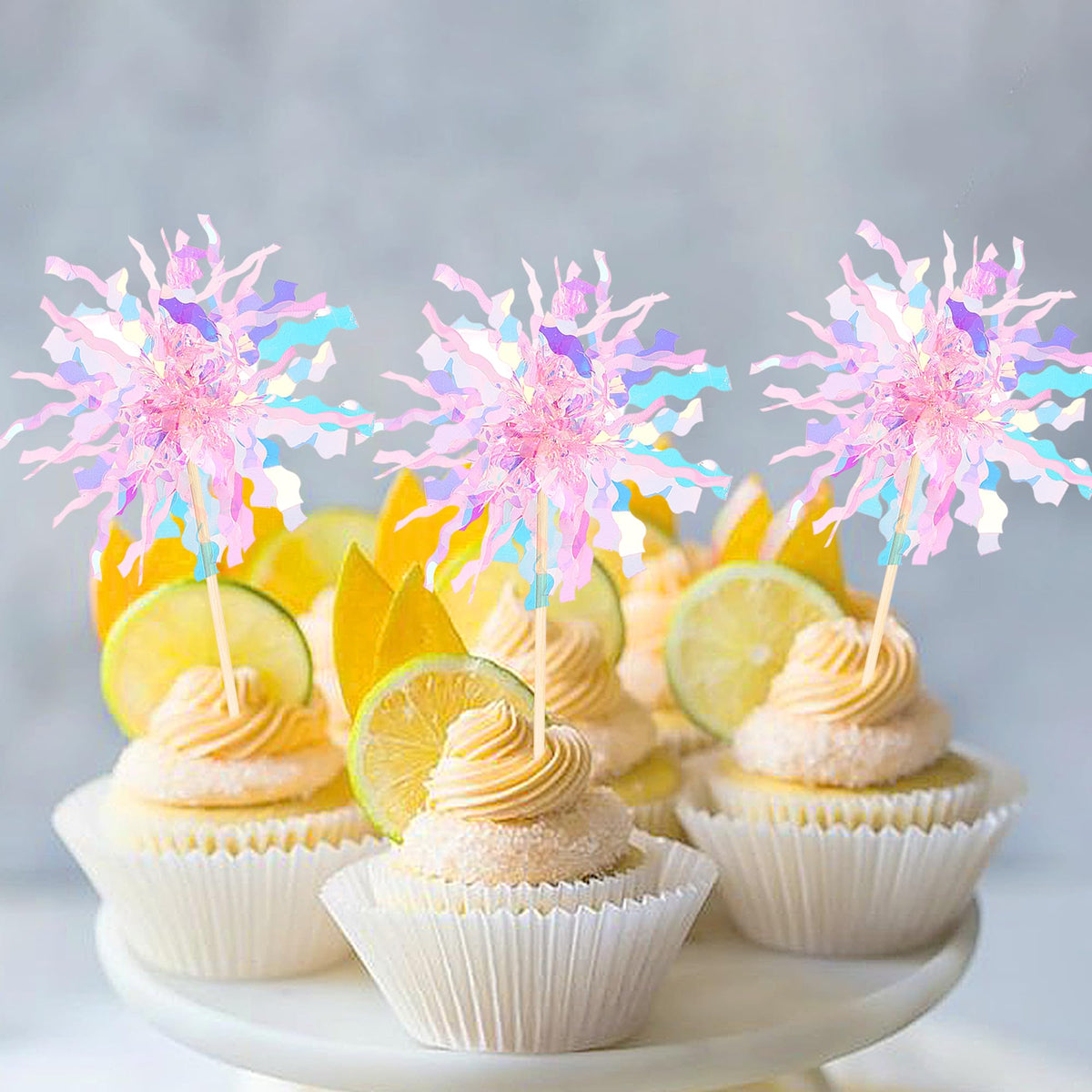 ZHUOWEISM 30 Pcs Foil Firework Cupcake Toppers - Pink Sparkle Tinsel Picks for Birthday, Baby Shower, Wedding