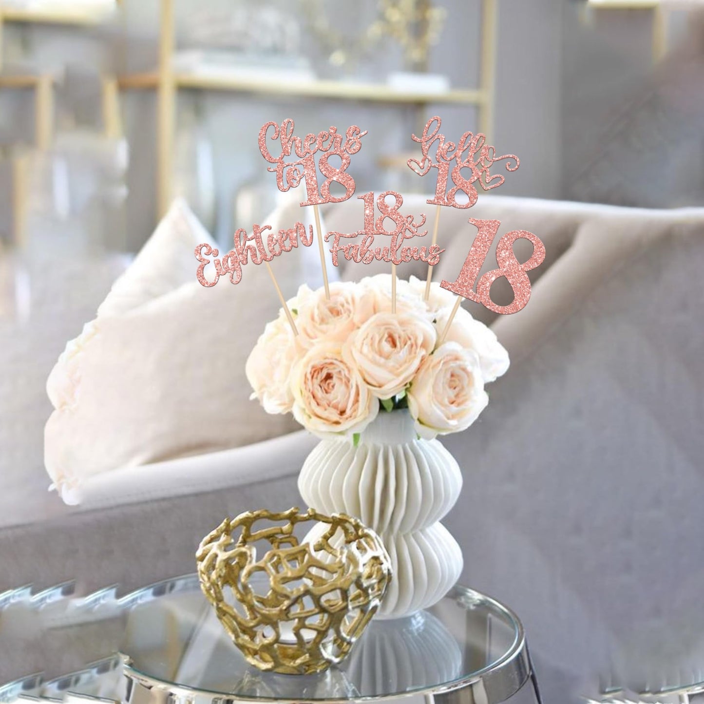 ZHUOWEISM 15Pcs Happy 18th Birthday Centerpiece Sticks – Rose Gold Glitter