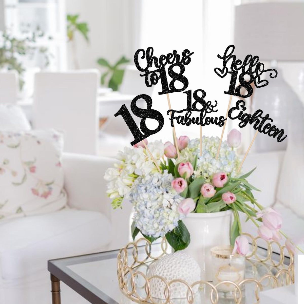 ZHUOWEISM 15pc Happy 18th Birthday Centerpiece Sticks | Hello 18, Cheers to 18 Floral Table Decor