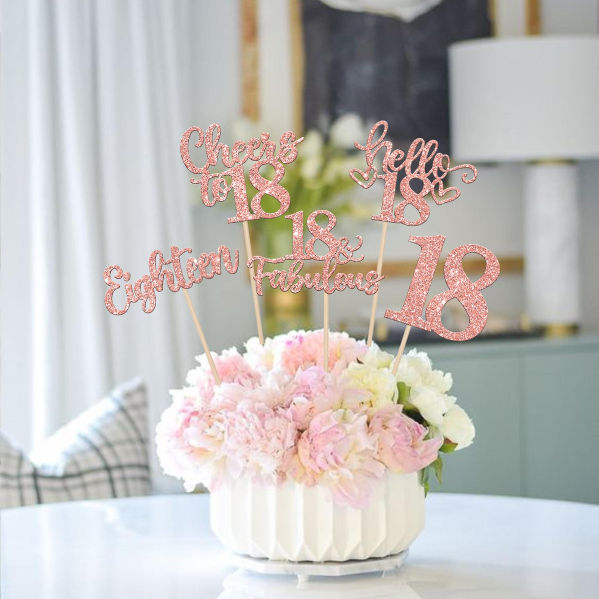 ZHUOWEISM 15Pcs Happy 18th Birthday Centerpiece Sticks – Rose Gold Glitter