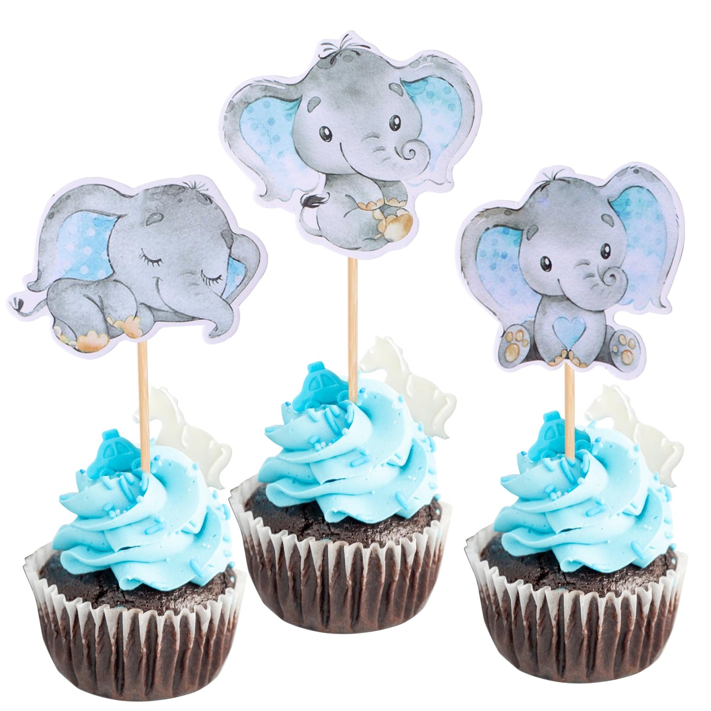 ZHUOWEISM 36Pcs Blue Elephant Cupcake Toppers – Baby Shower & Elephant Theme Party Picks