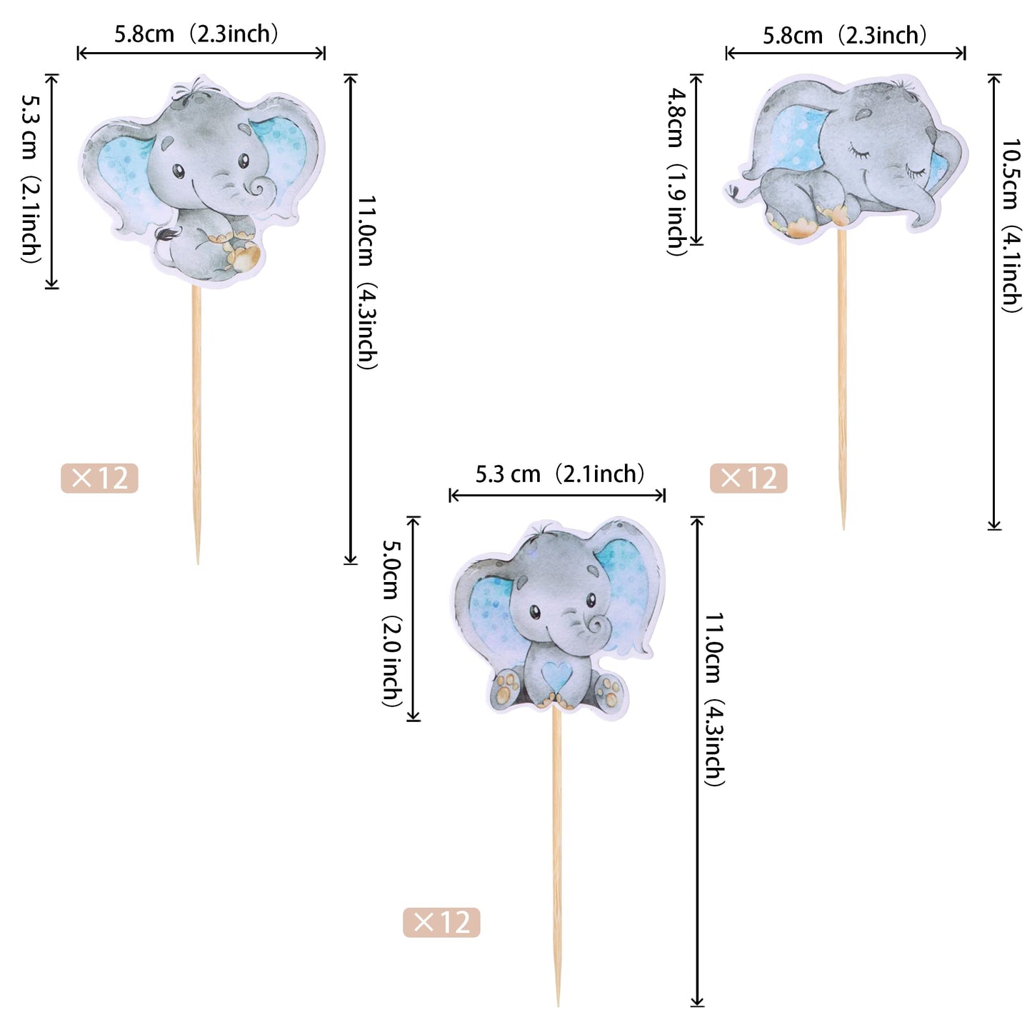 ZHUOWEISM 36Pcs Blue Elephant Cupcake Toppers – Baby Shower & Elephant Theme Party Picks