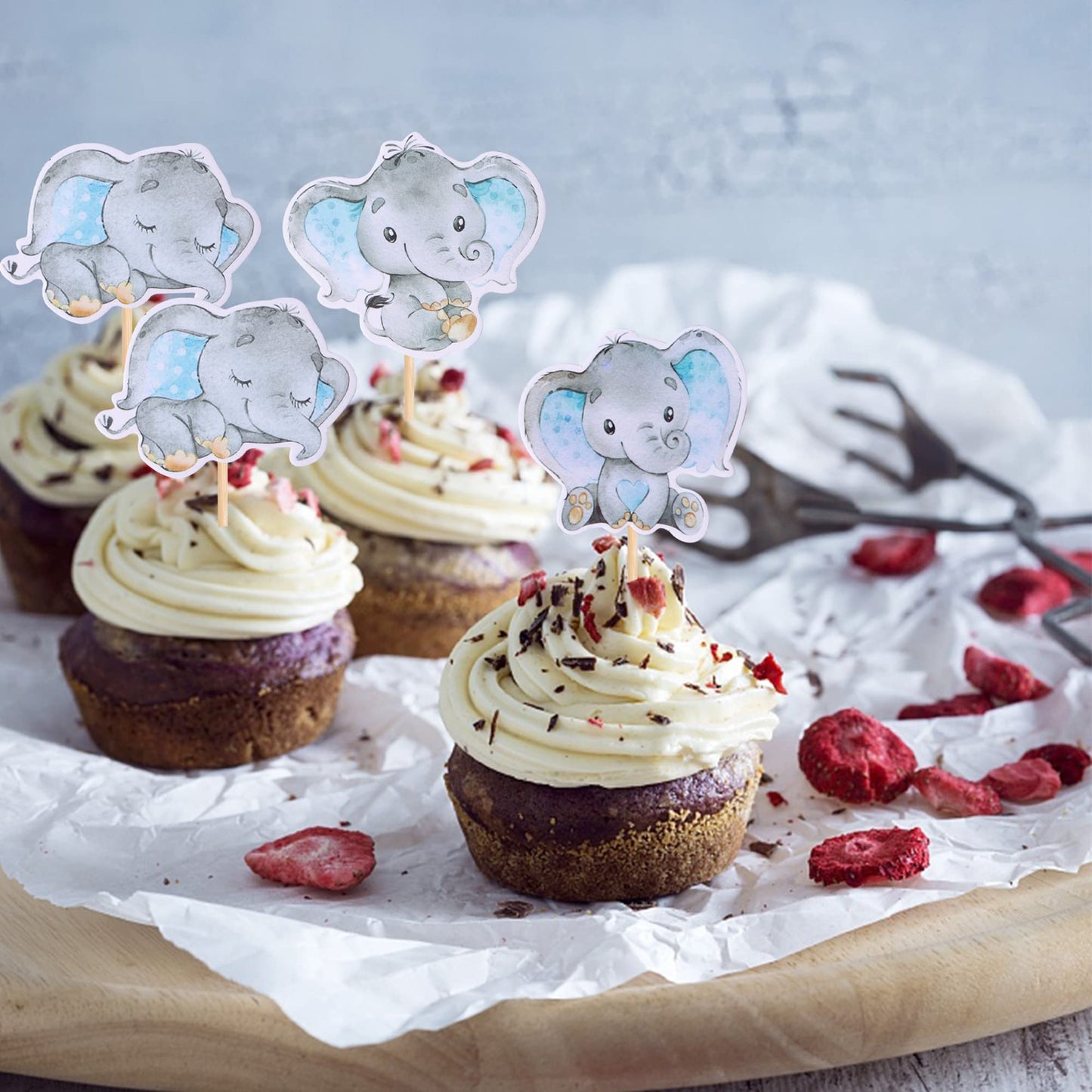 ZHUOWEISM 36Pcs Blue Elephant Cupcake Toppers – Baby Shower & Elephant Theme Party Picks