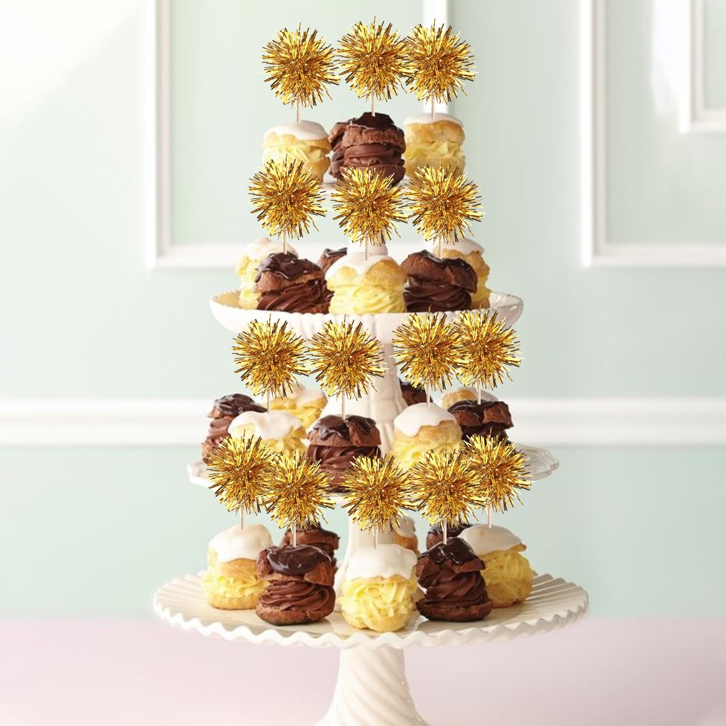 ZHUOWEISM 40 Pcs Foil Firework Cupcake Toppers – Gold Sparkle Party Picks