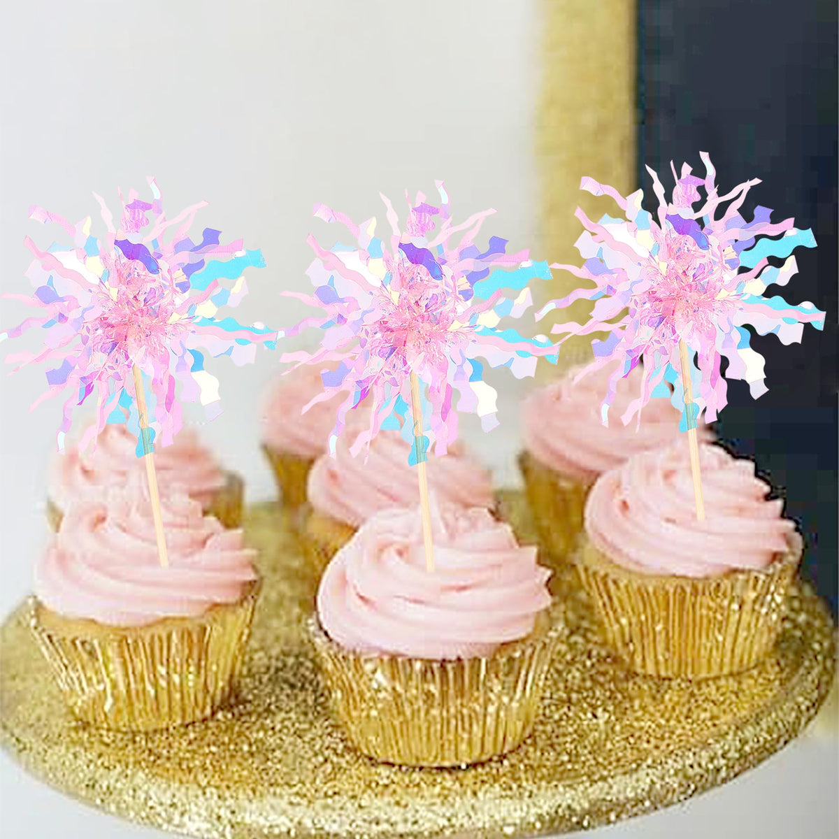 ZHUOWEISM 30 Pcs Foil Firework Cupcake Toppers - Pink Sparkle Tinsel Picks for Birthday, Baby Shower, Wedding