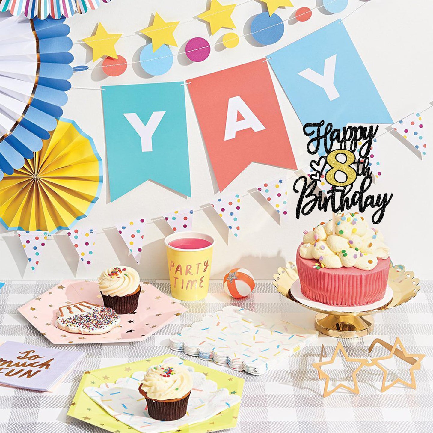 ZHUOWEISM Happy 8th Birthday Cake Topper – Black Gold Glitter Cheers to 8 Years