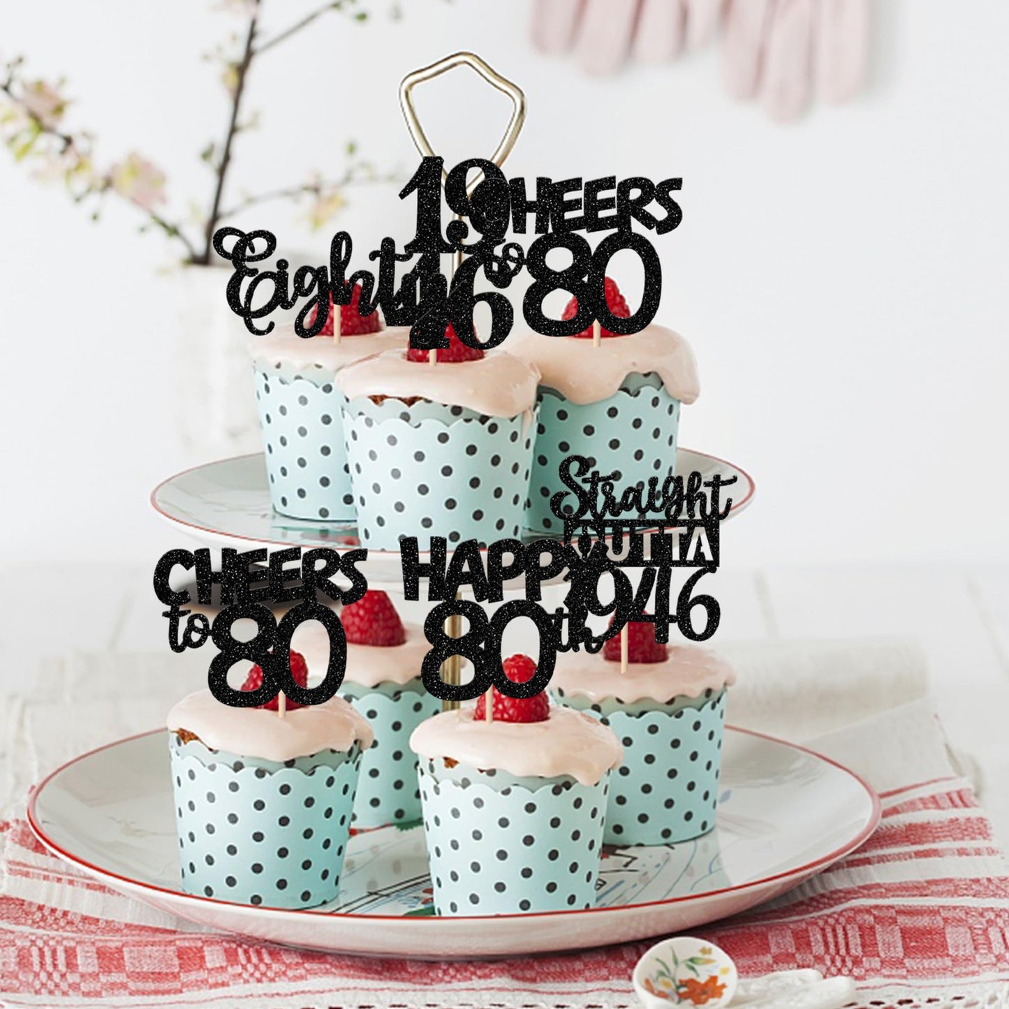 ZHUOWEISM 30Pcs Black Glitter 80th Birthday Cupcake Toppers — Straight Outta 1946 Party Picks