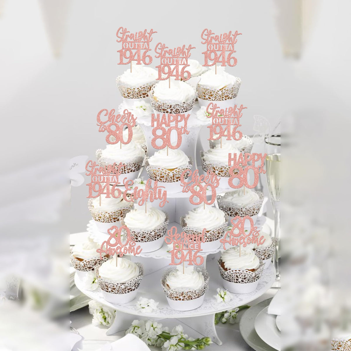 ZHUOWEISM 24Pcs Happy 80th Birthday Cupcake Toppers – Straight Outta 1946 (Rose Gold Glitter)